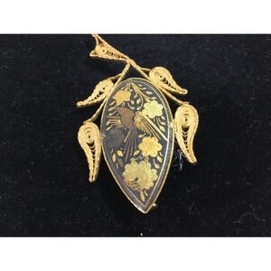 Damascene 1950's Gold Bird Flower Motif Brooch Pin Jewelry Mid Century